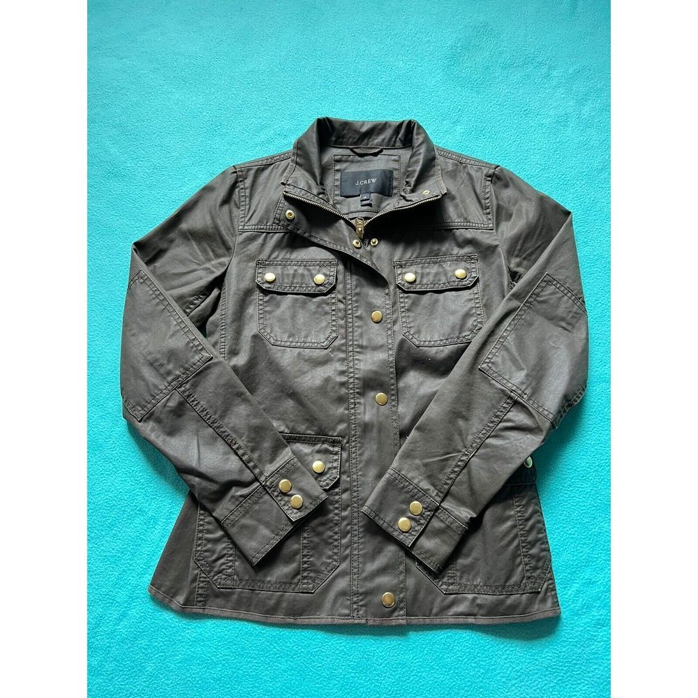J‎ Crew Women Field Jacket Army Green Gold Snaps Full Zipper Size Xsmall